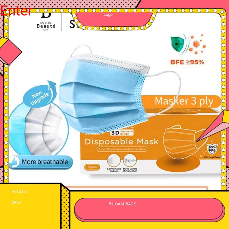 Premiere Beaute Masker Earloop 50pcs 3 ply Disposable Masker 1 Kotak BFE BNPB Kesehatan Face Mask