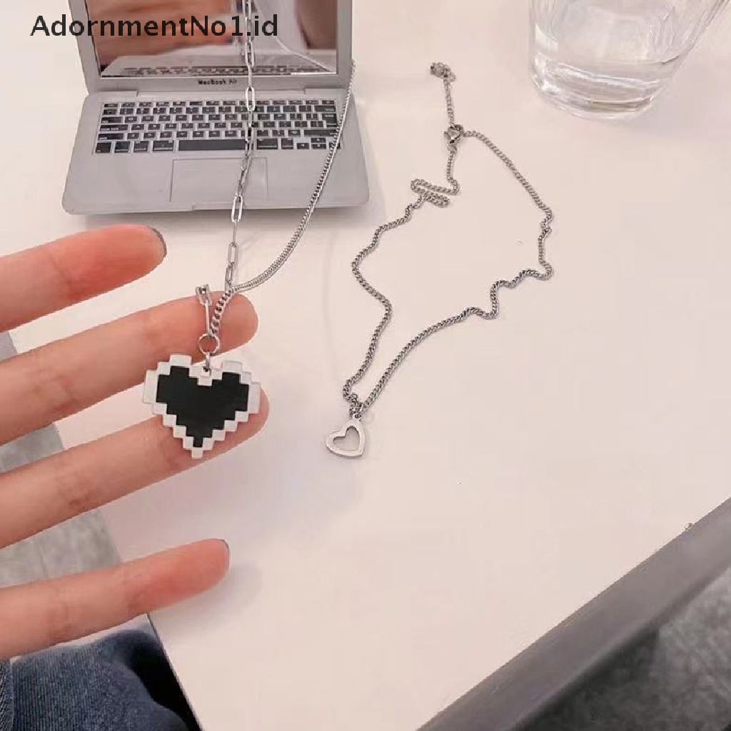 [AdornmentNo1] Mosaik Hitam Cinta pixel peach Jantung Liontin double layered Ribbon Gothic Hip Hop Rantai Perhiasan Panjang Kalung Pria Dan Wanita Kalung [ID]