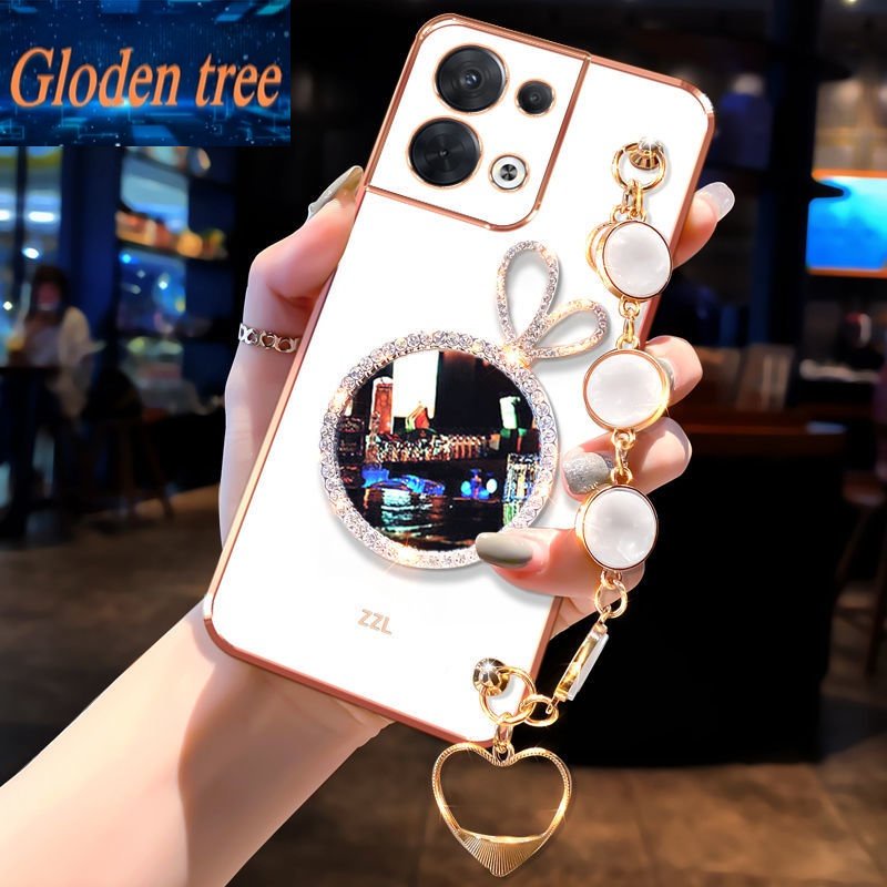REALME Casing Ponsel Pohon Gloden Untuk OPPO Realme8 8Pro 8i 9i 9Pro V25 9ProPlus 9 4G Shell Rabbit Vanity Mirror Dengan Gelang Permata