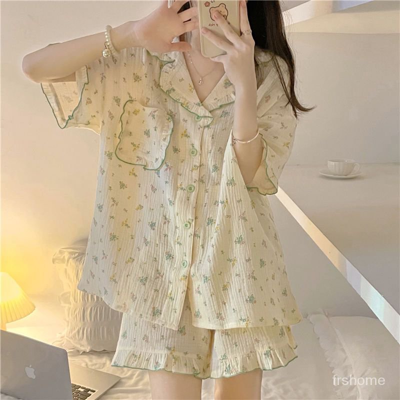 Jepang musim panas baru gadis piyama ins, cardigan cardigan sweet little floral pendek -set pakaian