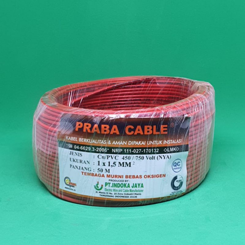 Kabel Listrik NYA 1X1,5 Tembaga Praba 50 Meter SNI LMK