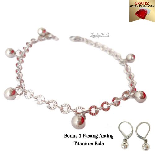 Gelang Tangan Titanium anti karat Wanita Bola Krincingan Bonus 1 Pasang Anting Bola - Lovelybutik