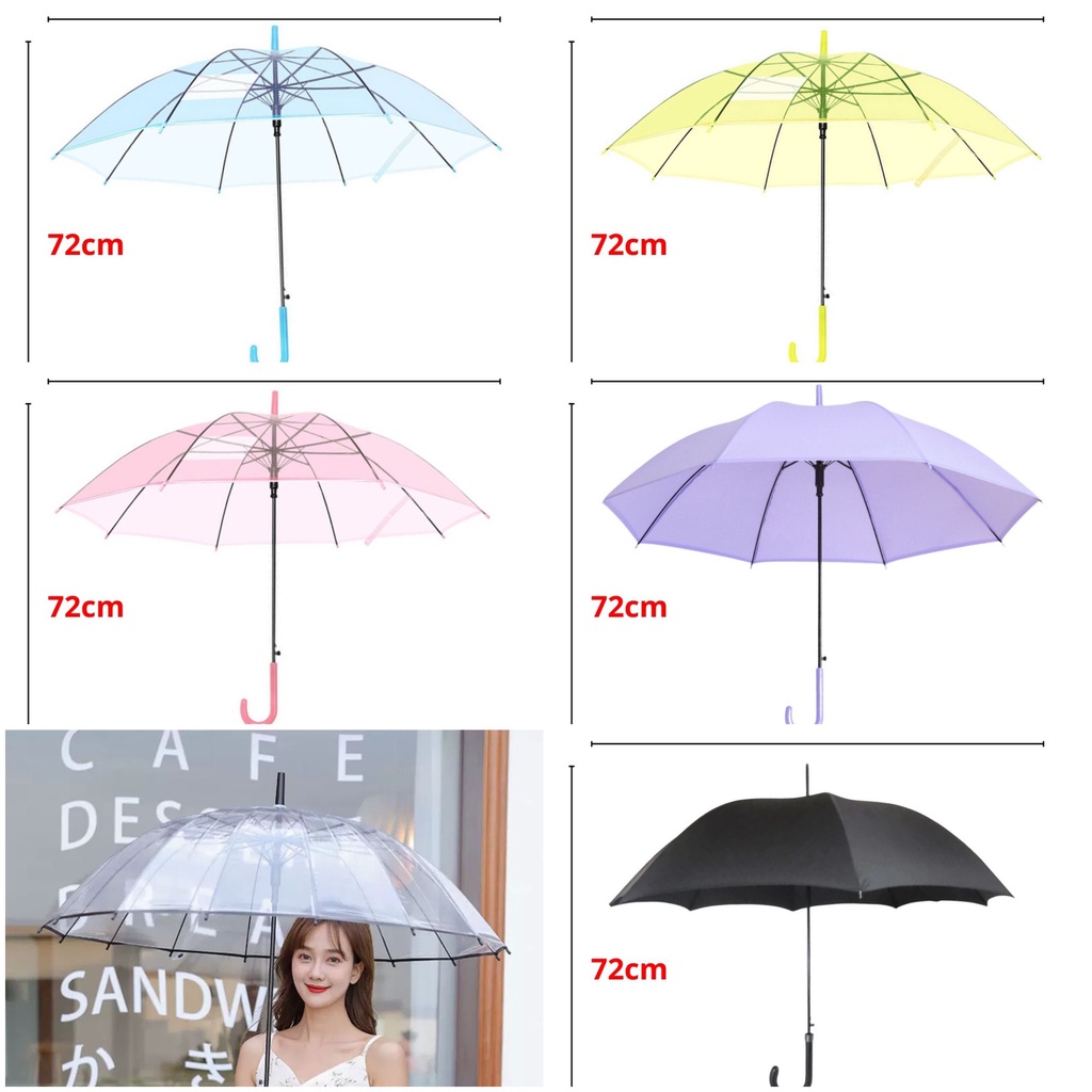 TRANSPARENT!!! Payung Hujan Korean Warna Warni Style Polos/Rain Resistent/Umbrella Water Proof/WaterProof Korea Stile / tongkat Bening Transparan Fashion Drama Korea Simple Polos Kado Unik Souvenir Hitam Ungu Kuning Biru Pink Bening Putih Transparant