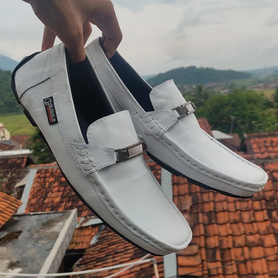 ENOZ X ROVER - Slop Putih Pria Kulit Asli Kasual Original Handmade Sepatu Slip On Pantofel Moccasin Casual Santai Formal Gaya Modis Nikahan Santai