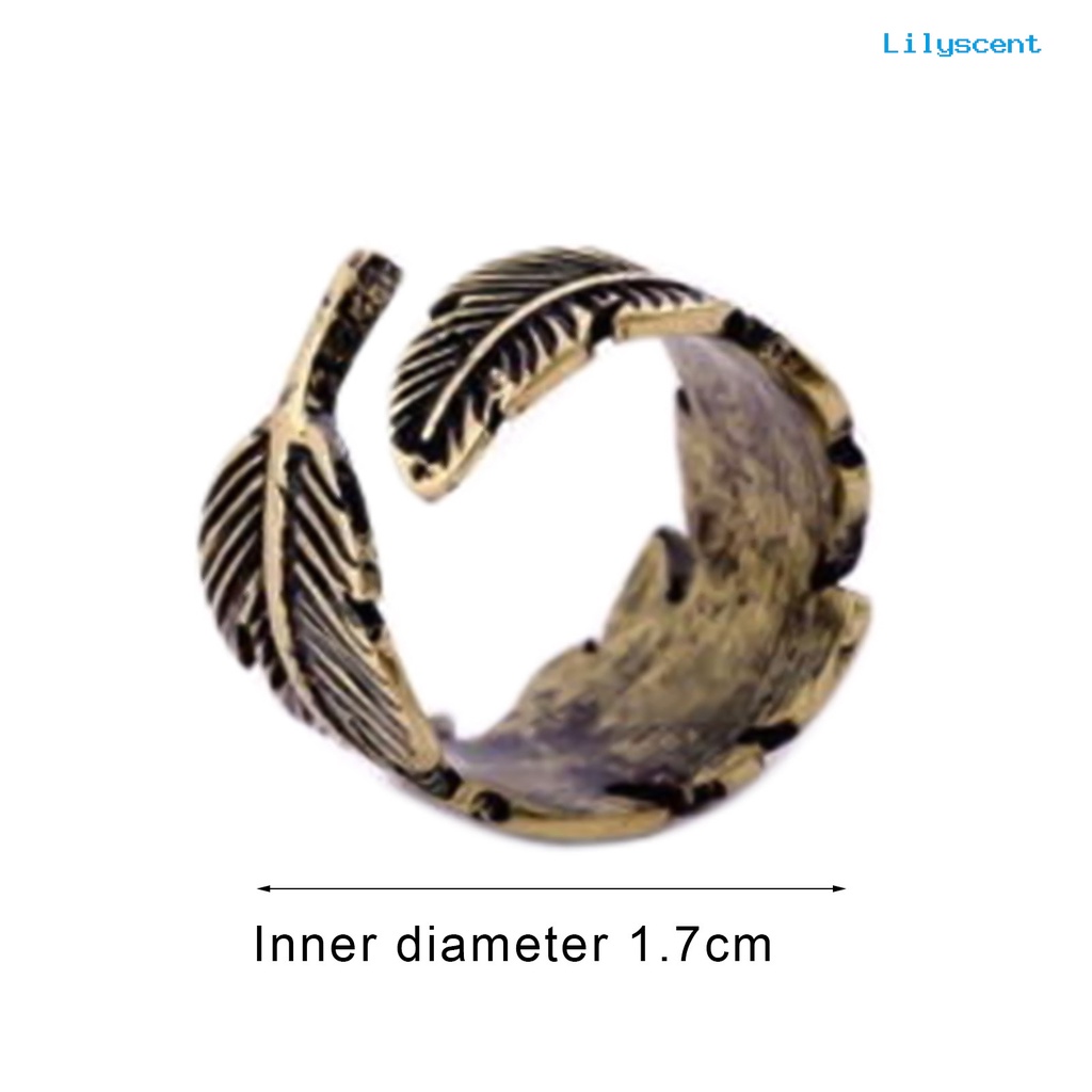 [LS] Cincin Terbuka Etsa Daun Bulu Adjustable Bronze Antik Unisex Opening Ring Jewelry Untuk Pesta