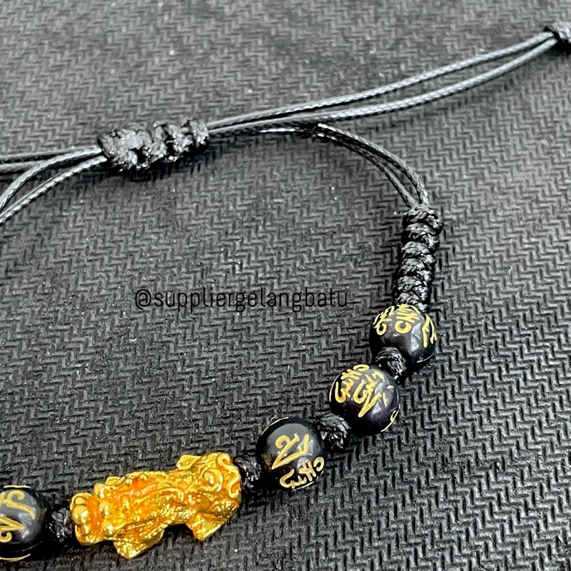 Gelang Mantra Buddha tibet hitam pixiu emas tali serut waterproof
