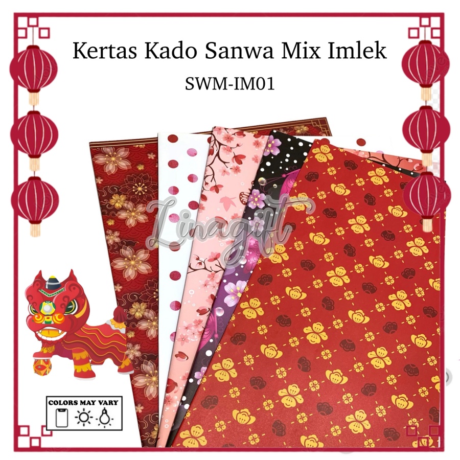 ( 5 Lembar 5 Motif ) IMLEK SANWA MIX - KERTAS KADO CHINESE NEW YEAR SANSAN WAWA - GIFT WRAPPING PAPER SINCIA TAHUN BARU IMLEK RED FLOWER MOTIF MERAH EMAS GOLD RED