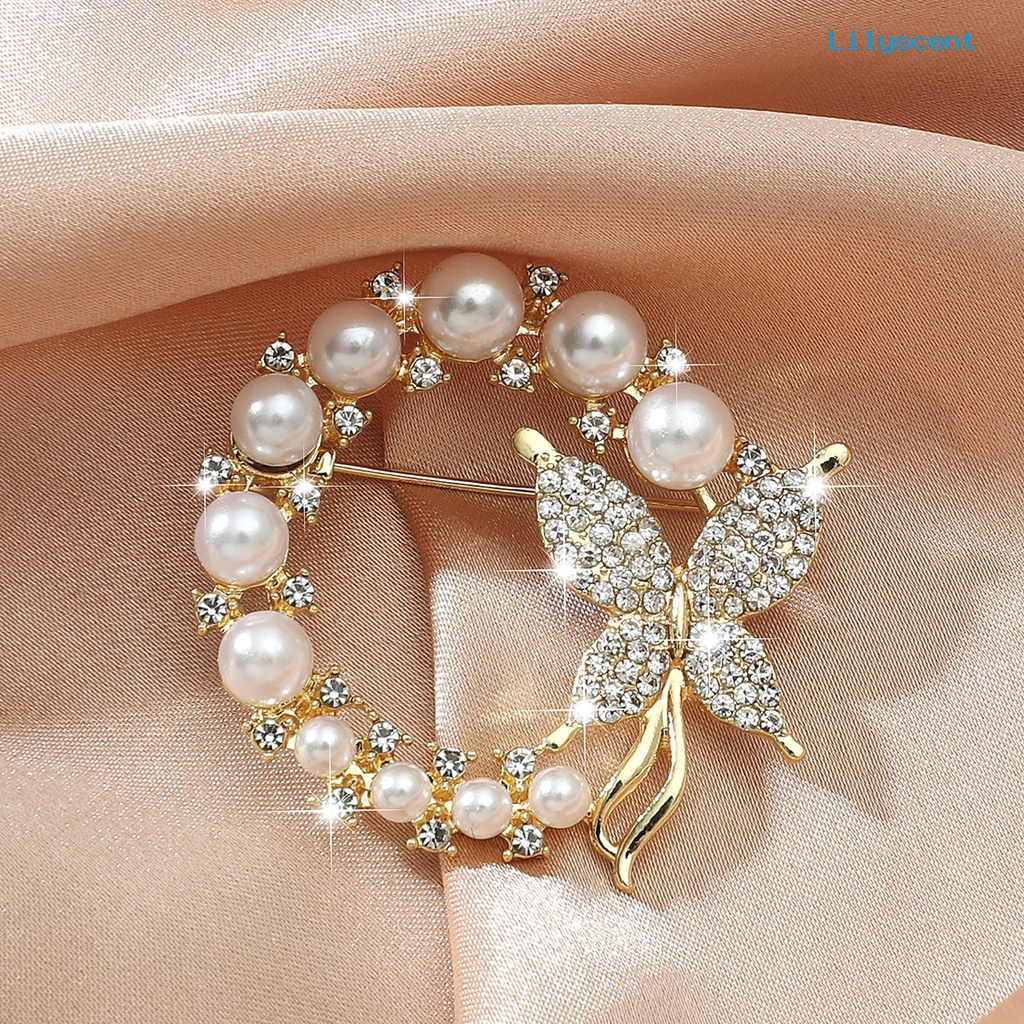 [LS] Bros Bulat Hollow Out Mewah Bulat Mutiara Imitasi Berlian Imitasi Wanita Brooch Untuk Pacaran