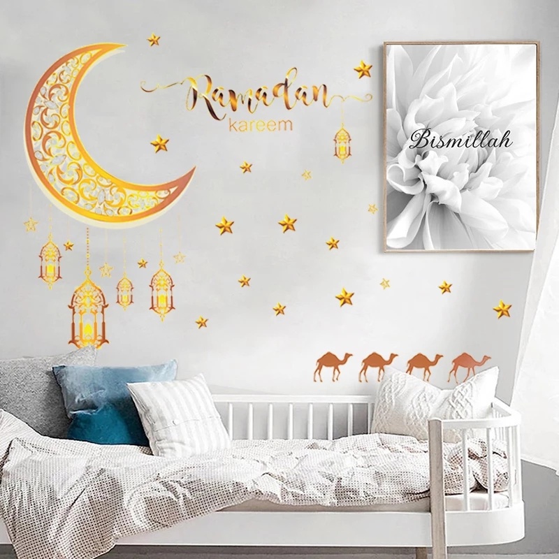 Ramadhan Lebaran Stiker Dinding Festival Pesta Dekorasi Perlengkapan Bulan Bintang Lentera Dinding Decal Self-adhesive Diukir Wallpaper Tahan Debu Dekorasi Seni Indoor