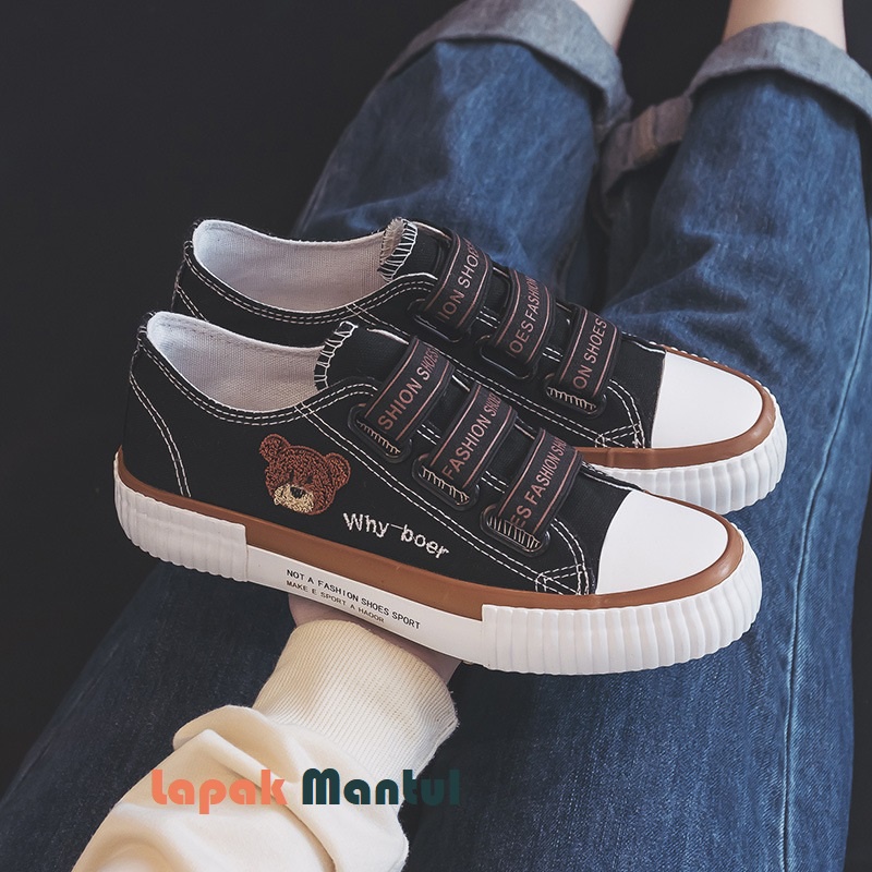 LM-0260 Sepatu Canvas Wanita Bear Fashion Tali Karet Quality Premium Shoes Sneaker Casual Kanvas