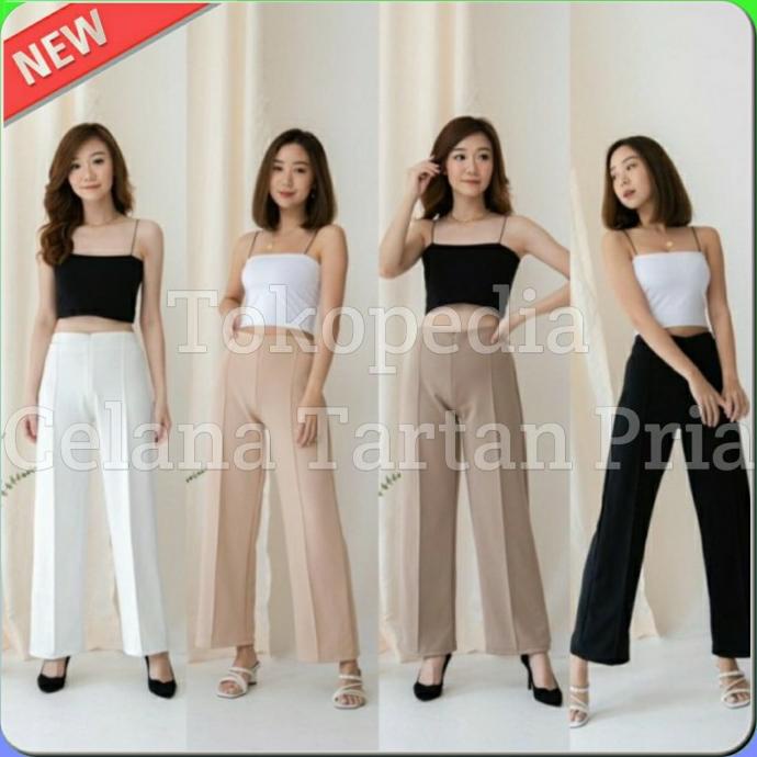 Celana Kulot Haighwaist Wanita Panjang Garis Bahan Scuba Premium korea