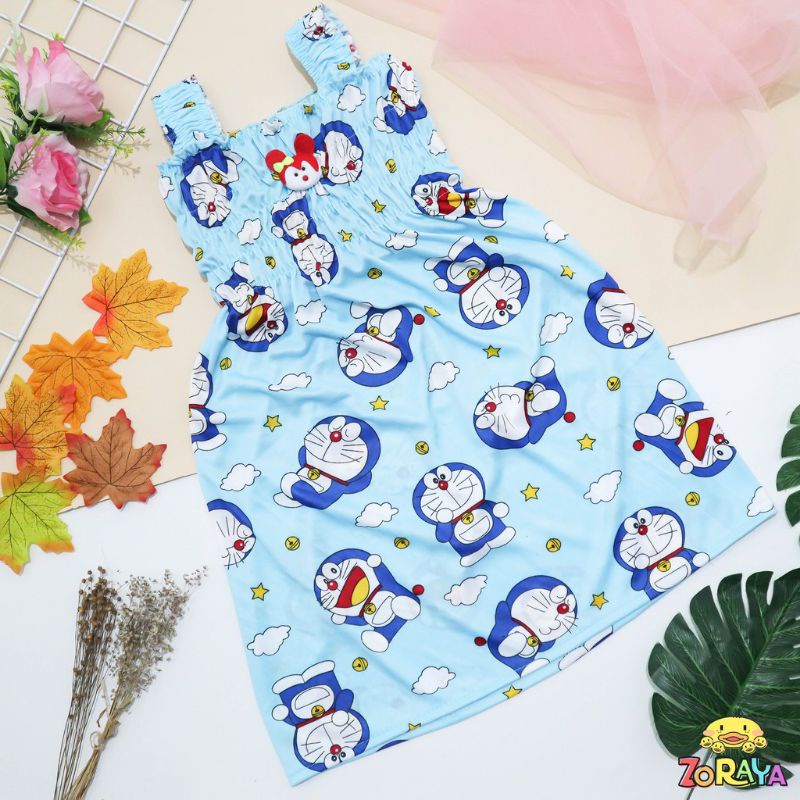 DRESS ANAK SMOKE DORAEMON 1-8 TAHUN / DASTER ANAK SMOKE KERUT MURAH MOTIF DORAEMON