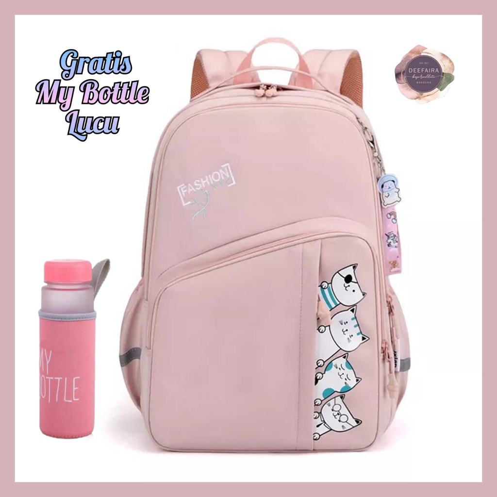 Tas Ransel Perempuan Motif 4Karakter C4tt Gratis Botol Minum Lucu Untuk Sd Smp &amp; Sma