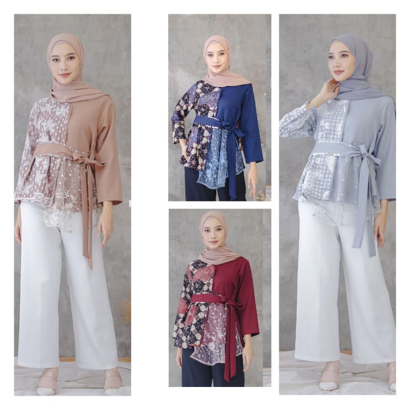 BKiL atasan blouse batik wanita cewek premium katun moscrepe kombinasi tille mewah warna coksu biru 