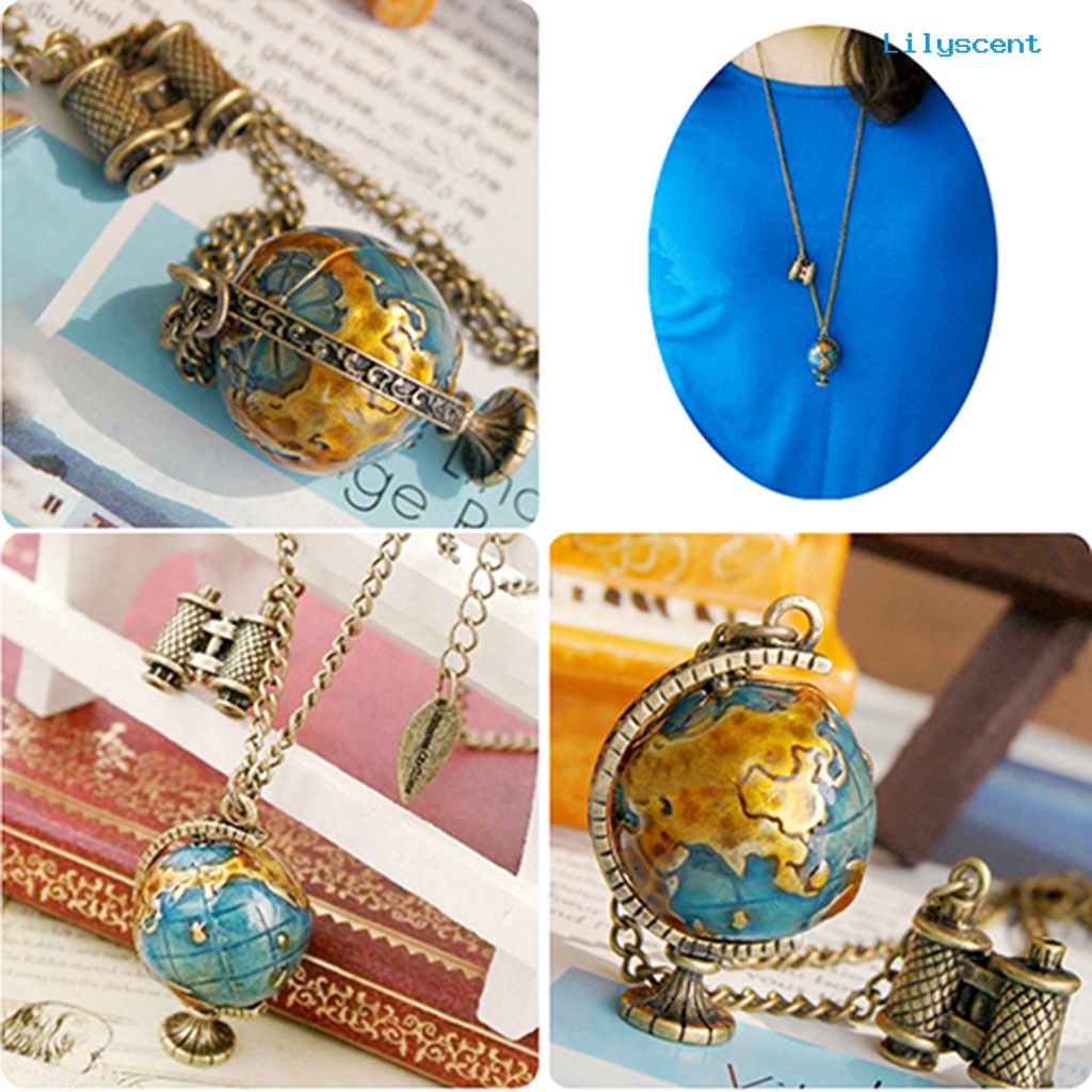 Ls Rantai Kalung Sweater Vintage Creative Alloy Rotatable Globe Teropong Untuk Wanita