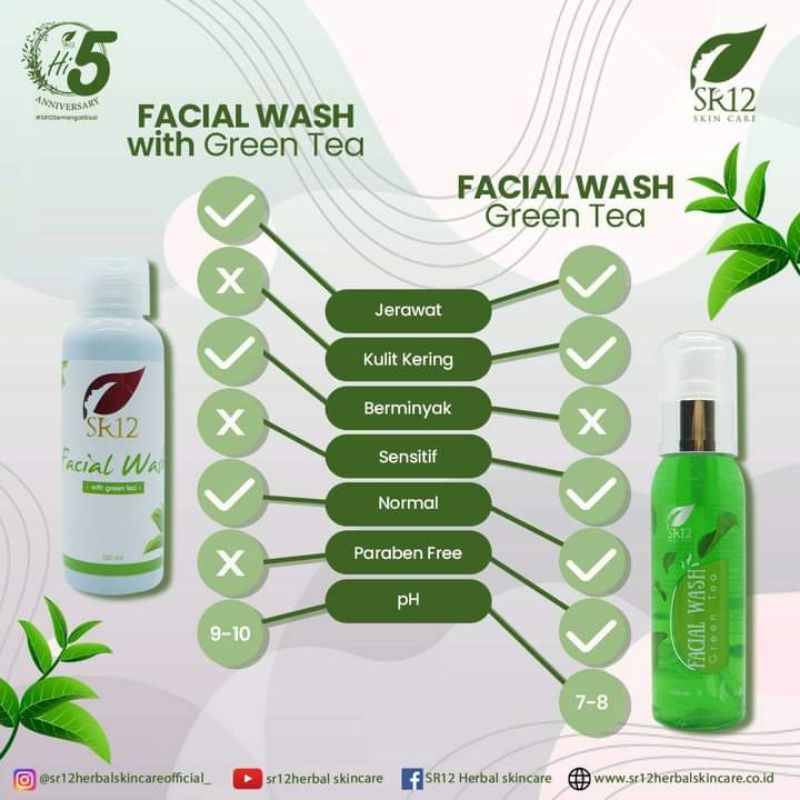 SR12 Facial Wash Green Tea - Sabun cair atasi kulit Berminyak & Jerawat - Tidak untuk kulit Sensitif