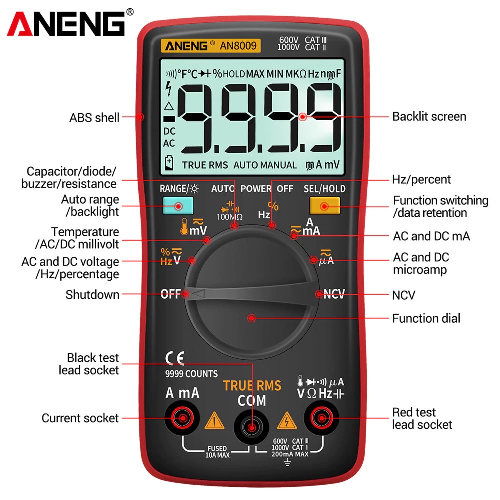 ANENG Digital Multimeter Voltage Tester - AN8009 - Black