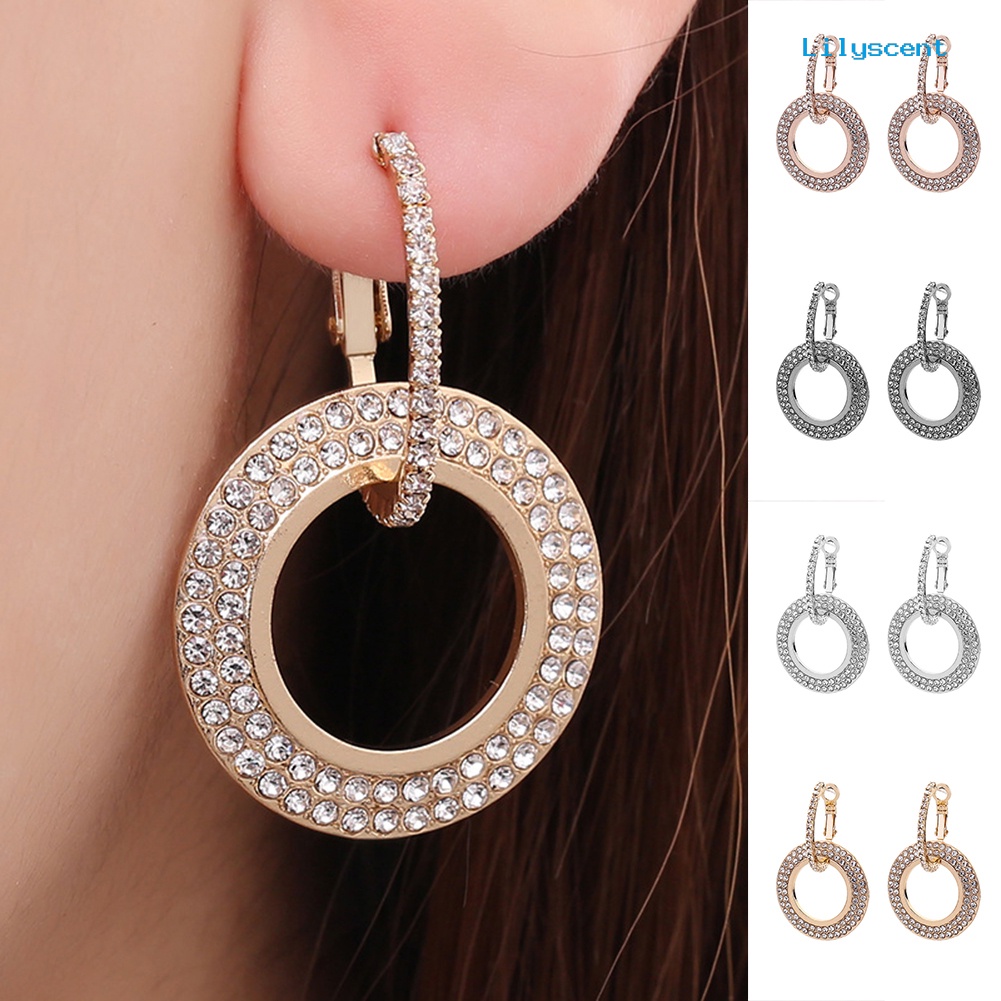 [LS] Wanita Fashion Berlian Imitasi Ganda Lingkaran Hoop Huggie Earrings Pesta Perhiasan Pesona