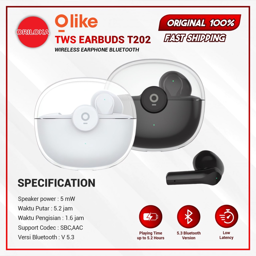 Olike T202 Wireless Earphone Bluetooth TWS - Garansi Resmi Olike