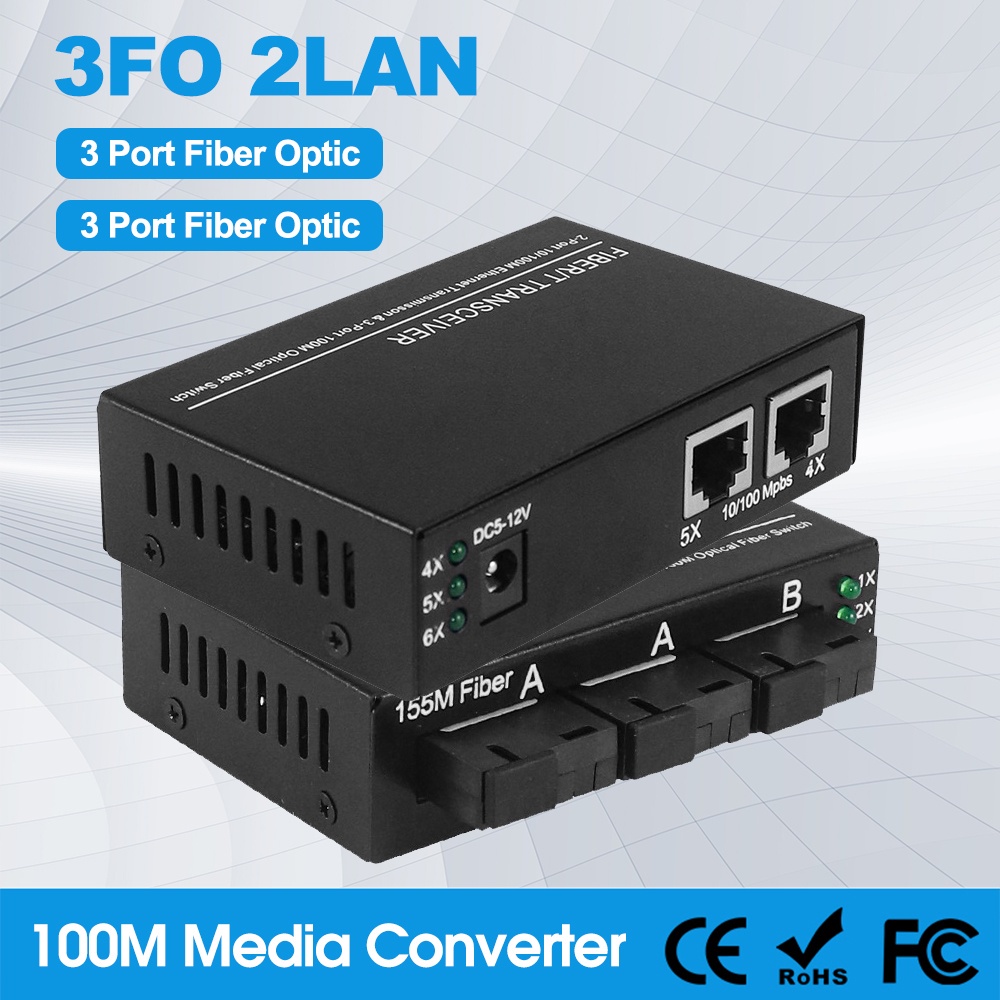 Media Converter 3F2E Fiber Optik Fiber Optical Netlink Single Mode 2 Rj45 Dan 3 Sc Port 10/100Mbps Asli Import 20KM【Support POE】