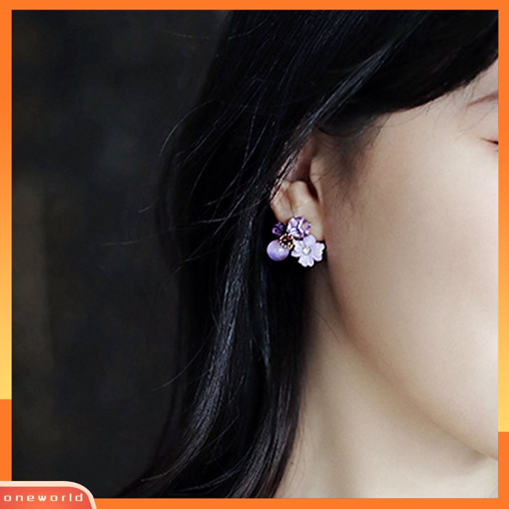 {oneworld} 1pasang Indah Menawan Wanita Anting Hadiah Berlian Imitasi Ungu Bunga Stud Earrings Perhiasan Aksesori