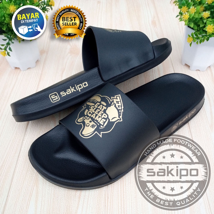 PROMO 2.2 COD SALE !! SENDAL DISTRO KEREN KEKINIAN PRIA DEWASA REMAJA SLIDE HITAM EMAS MOTIF EAT SLEEP GAME / SENDAL SLIDE MURAH TERBARU  / SENDAL SLOP PRIA TERBARU / SANDAL TAHAN AIR PRIA DEWASA / SAKIPO