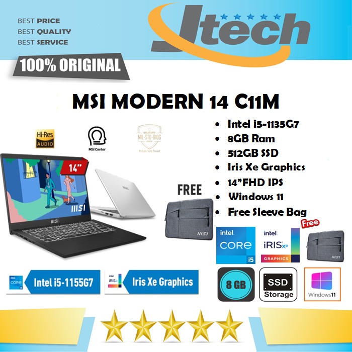 MSI MODERN 14 C11M - i5-1155G7 - 8GB - 512GB SSD - BACKLIT KB - 14&quot;FHD IPS  - WIN11