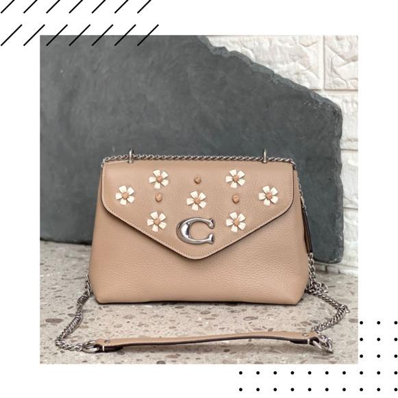 Coach Tammie Flap Shoulder Bag With Floral Whipstitch Taupe Multi