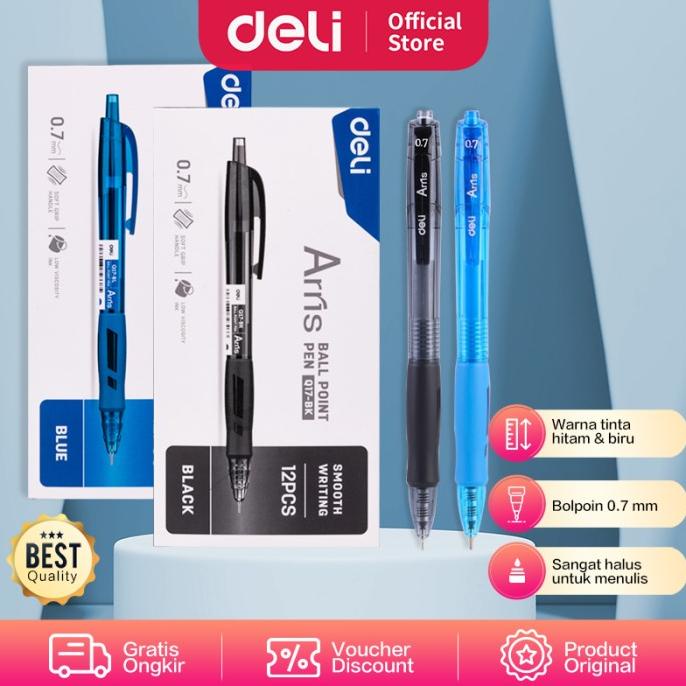 

DISKON Deli Ballpoint Pen Pulpen 0.7mm Tinta Hitam & Biru Isi 12pcs/box EQ17