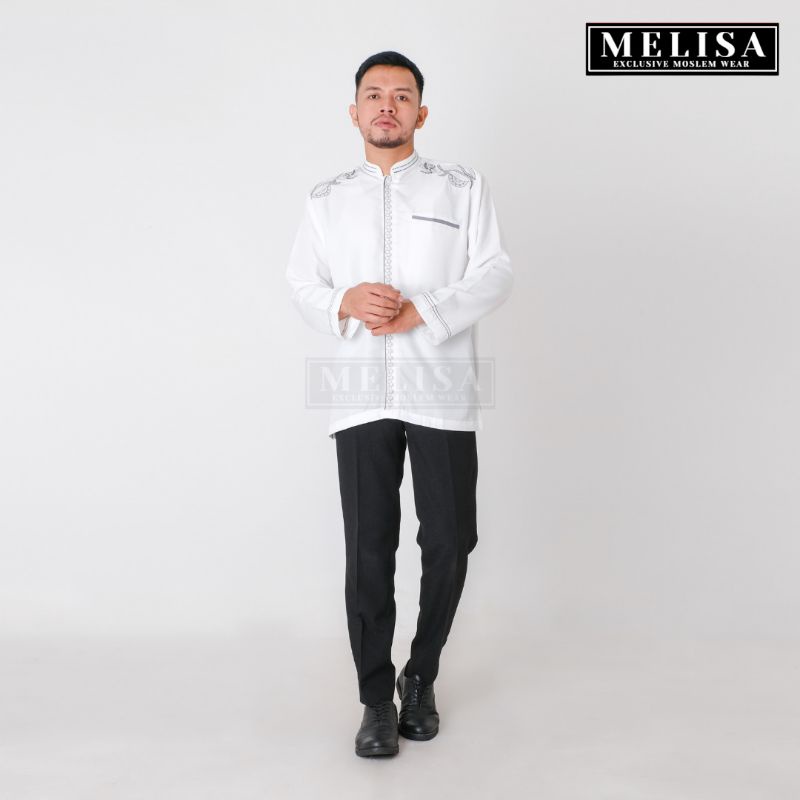 Baju Koko Pria Dewasa Lengan Panjang Bahan Poli Katun Warna Putih Tulang Motip Bordir