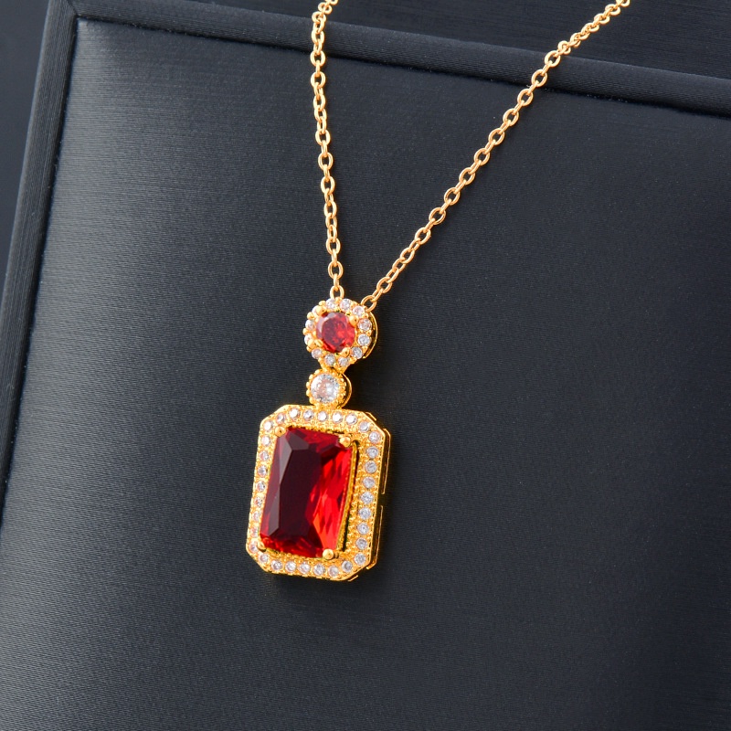 Kalung Wanita Titanium Lapis Emas Plus Liontin Permata Hijau  merah biru Anti Karat
