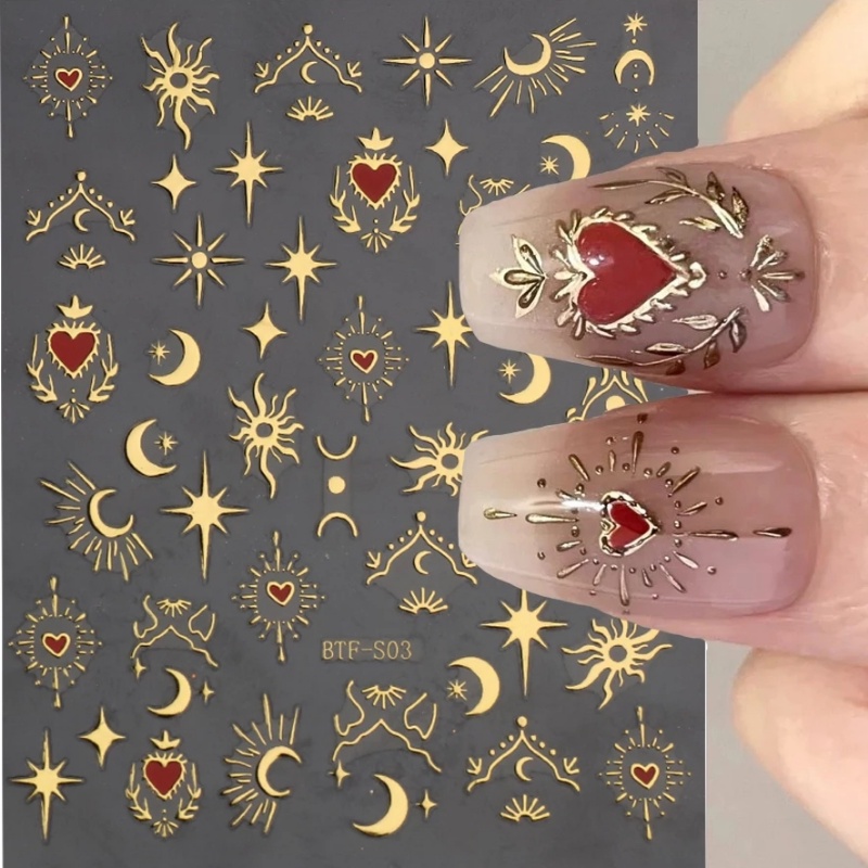 Stiker Nail Art Reflektif Bronzing 3D/Sun Moon Stars Hearts Self-adhensive Nail Decals