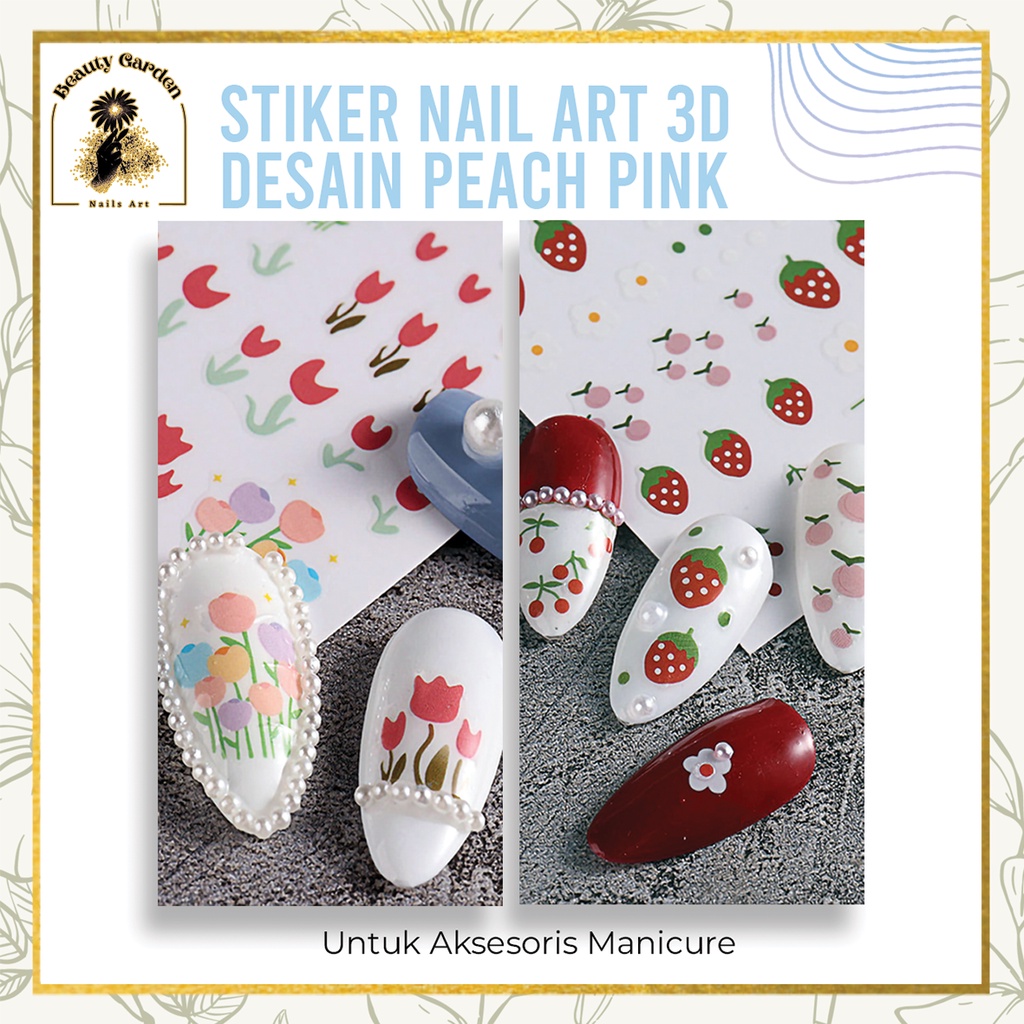 [ COD ] Stiker Nail Art 3D Desain Peach Pink/Bunga/Buahan Untuk Aksesoris Manicure/Nail Decoration Cute