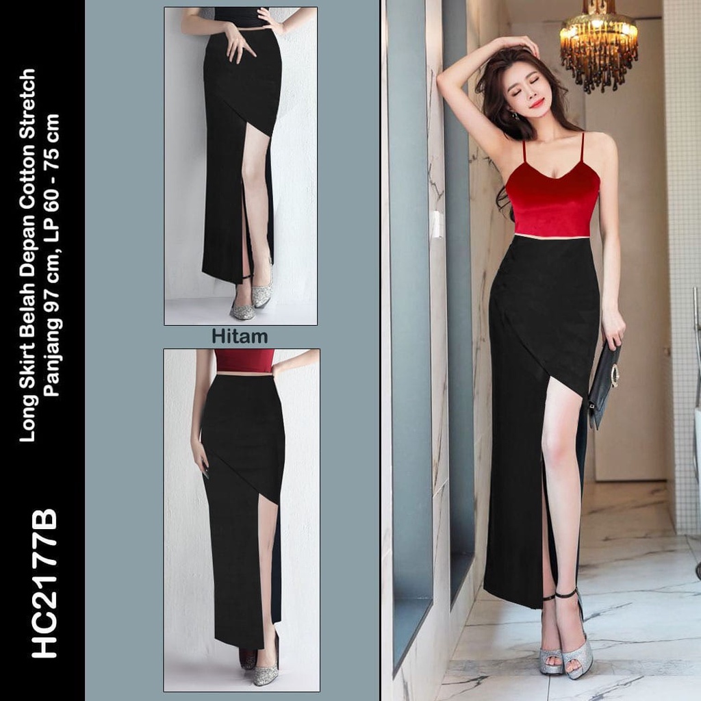 HC2177 Long Skirt Belah Depan Cotton Stretch / Rok panjang setengah / Rok Seksi / Rok panjang sexy