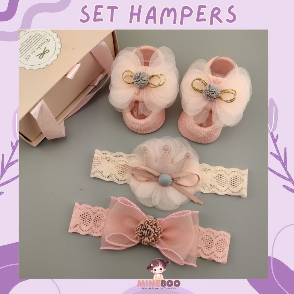 mineboo- HAMPERS BANDANA Set kaos kaki dan bandana bayi import dengan box cantik cocok untuk kado hampers