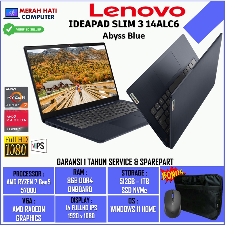 Laptop New Slim Lenovo Ideapad Slim 3 14 RYZEN 7 5700U 8GB 512GB RADEON 14FHD Backlite Fingerprint Windows 11 Abyss Blue