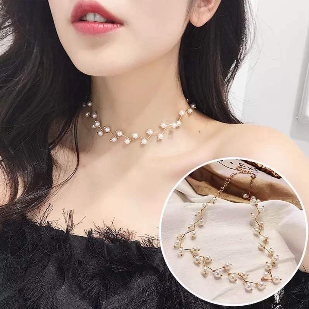 Kalung Titanium Wanita Korea Aksen Mutiara Pearl Rantai Zigzag Aksesoris Hiasan Kualitas Bahan Import KLG58