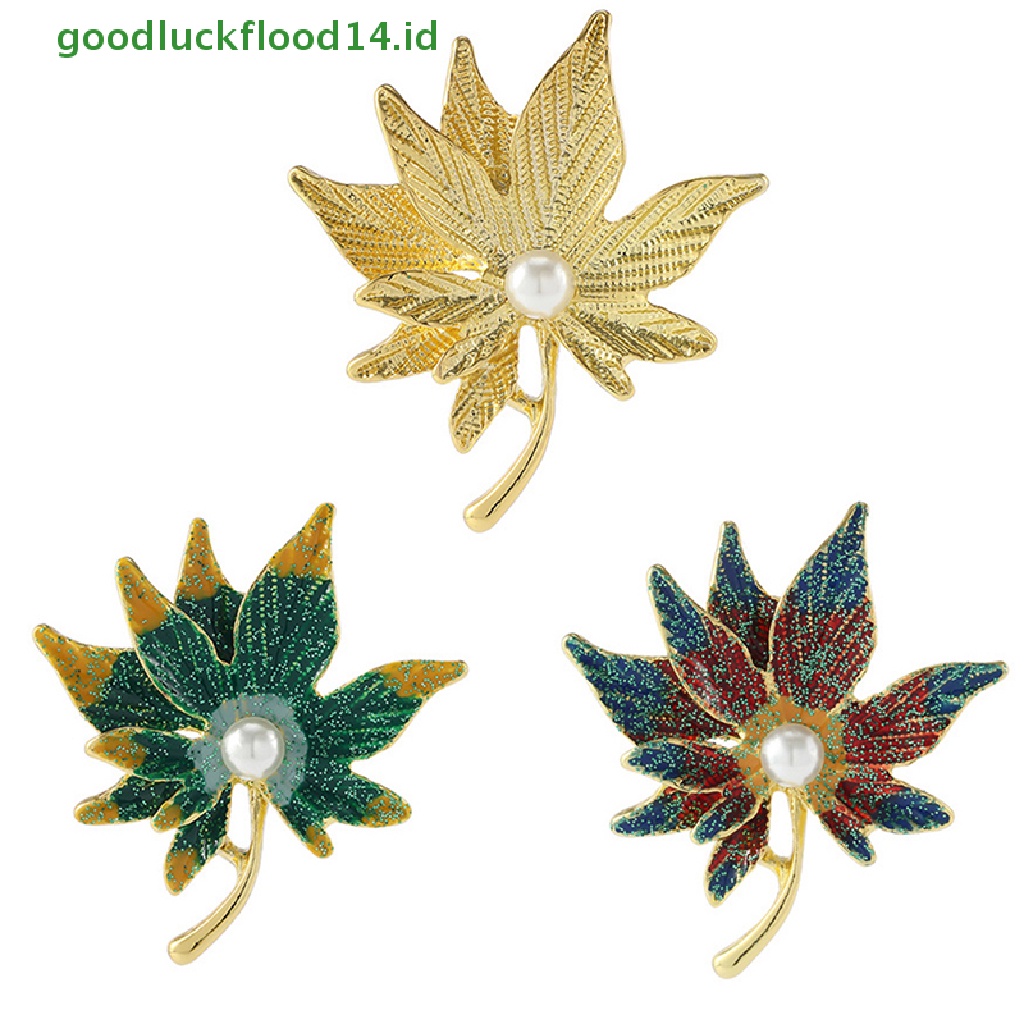 [GOOGFOUR] Pin Bros Daun Maple Kristal Warna-Warni Dengan Mutiara Palsu Wanita Lencana Kerah Pin [TOP]