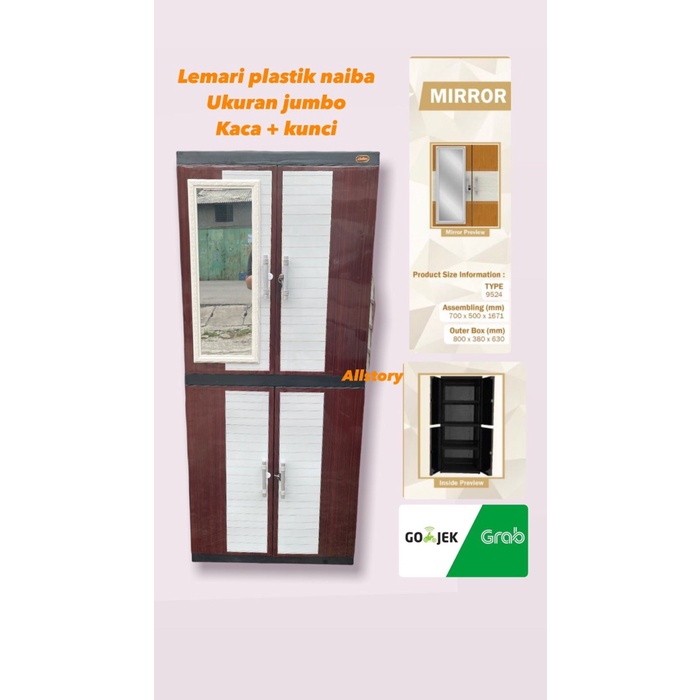 Lemari Lemari Plastik Naiba Jumbo Kaca + Kunci 4 Susun