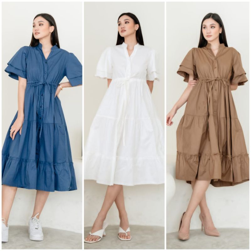 ♡ PREMIUM ♡ ORIGINAL ! CHERISH PLAIN BUTTON HIGH NECK LAYER SLEEVE LAYER MIDI DRESS ( BUSUI &amp; BUMIL FRIENDLY )