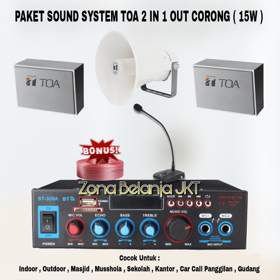 PAKET SOUND SYSTEM TOA MASJID MUSHOLLA 2 IN 1 OUT SPEAKER CORONG TOA 15W ( HEMAT 2 )