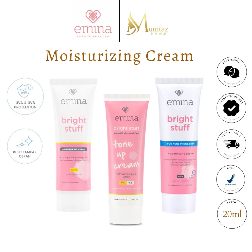 EMINA BRGHT STUFF MOISTURIZING CREM TONE UP CREAM ACNE PRONE SKIN MOIS PELEMBAB WAJAH PERLINDUNGAN D