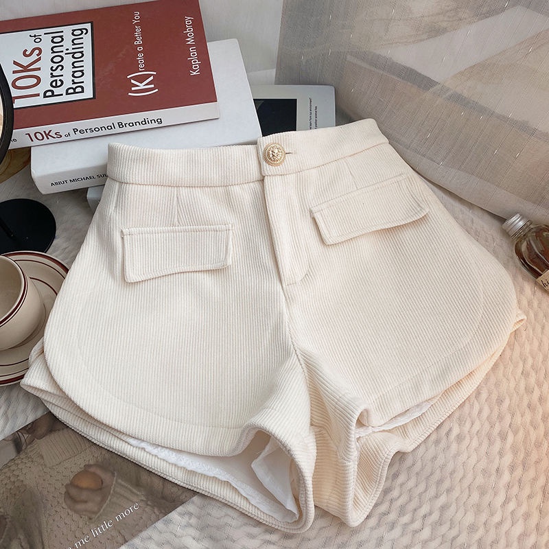 Red Palsu Saku Pinggang Tinggi Satu Kancing Luar Pakaian Santai Celana Wanita Musim Dingin 2022 Versi Korea All-Match Hitam Corduroy celana Pendek