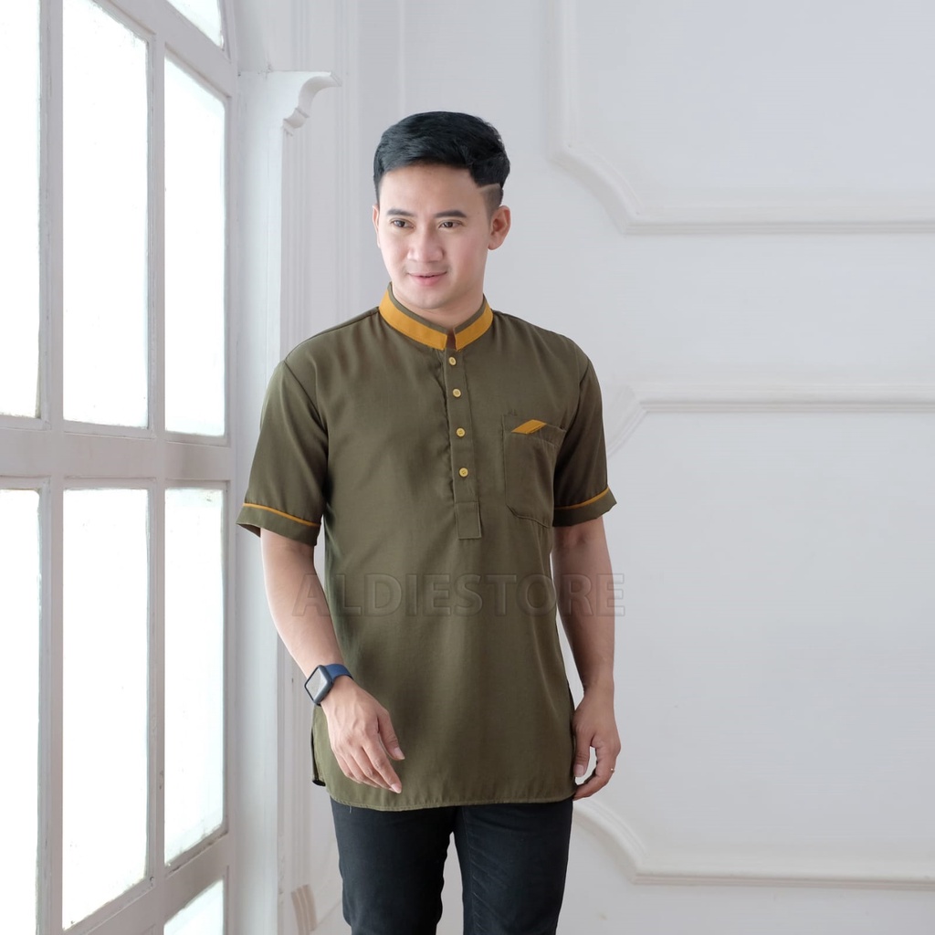 Baju Koko Pria Lengan Pendek Warna Hijau Army Polos Bahan Toyobo Original Terbaru