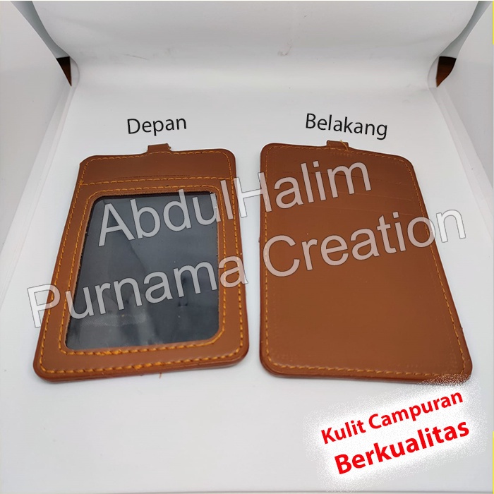 name tag id card holder &amp; lanyard set Kulit Coklat idcard 4 Slot