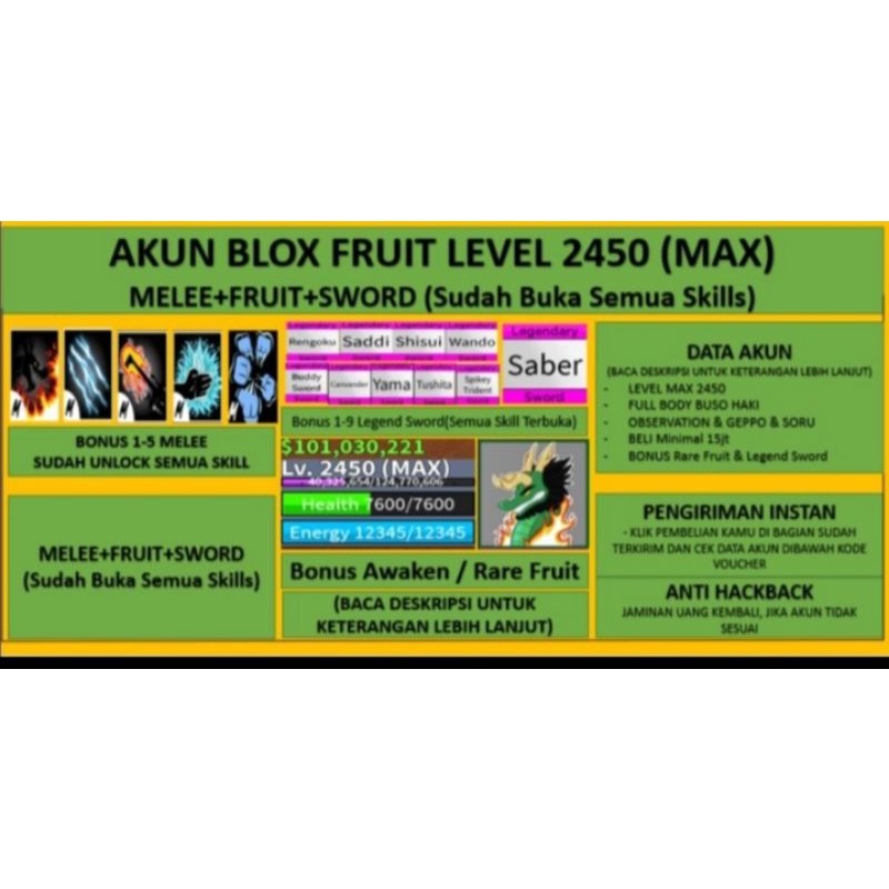 Akun Blox Fruit Level MAX [Melle+Sword Unclock All Skill]