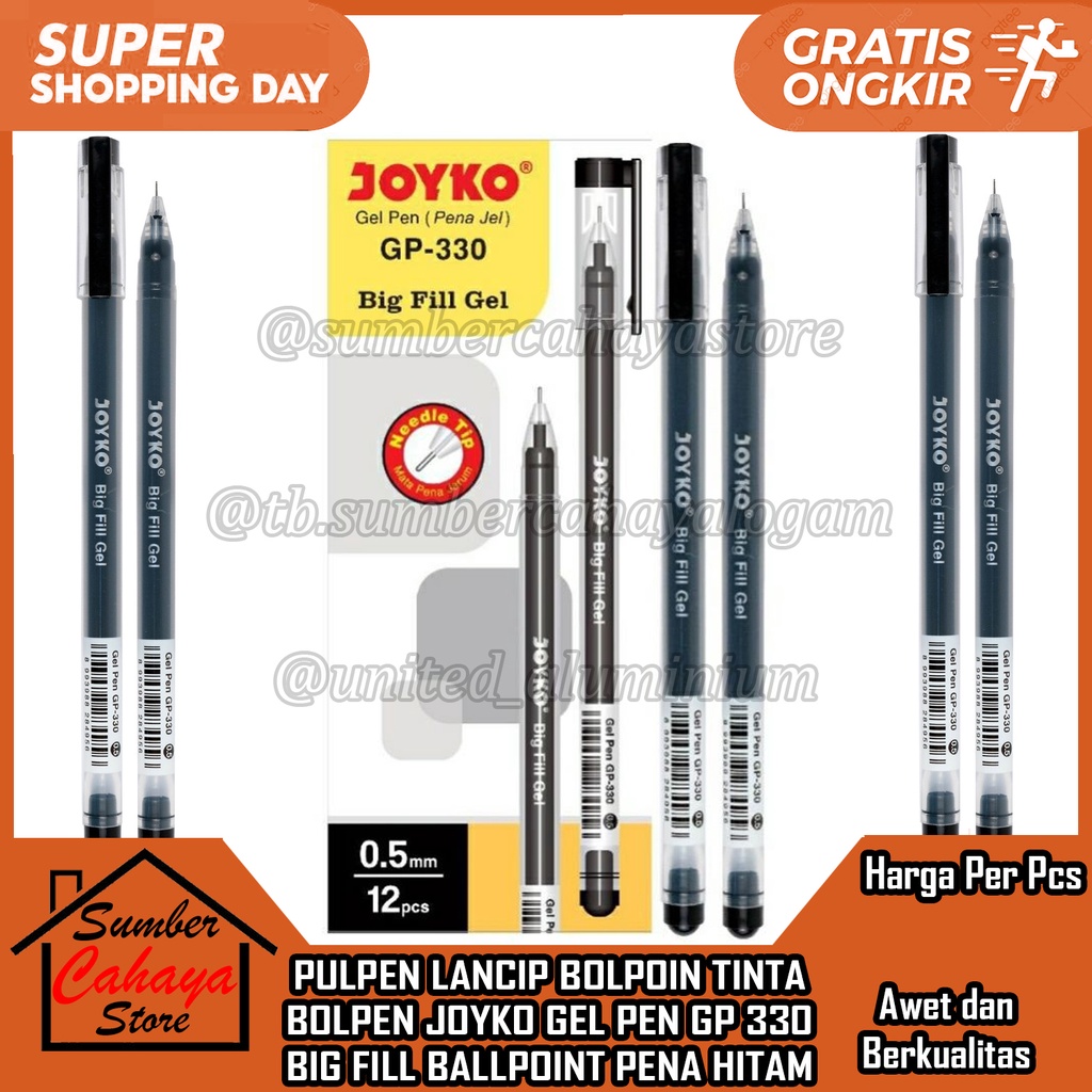 PULPEN LANCIP BOLPOIN BOLPEN JOYKO GEL PEN GP 330 HITAM 1 PCS 12PCS KOTAK PAK BALLPEN BALL PEN PENA 
