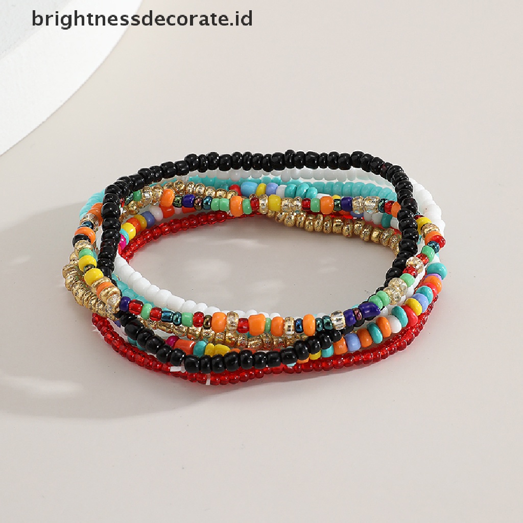 [Birth] 7pcs Manik-Manik Kecil Warna-Warni Bohemia Bangle Gelang Elastis Set Perhiasan Aksesori [ID]