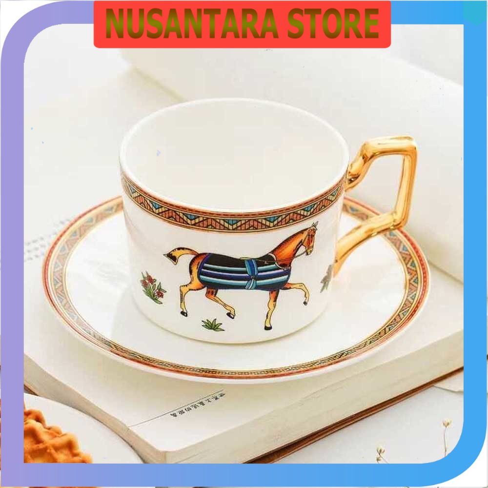 NUSANTARA STORE - Hermes Set Cangkir Piring Kopi Luxury Ceramic Mugs 200ml - E212