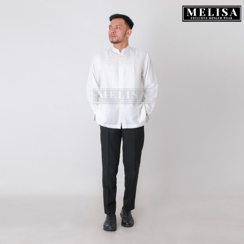 baju koko pria lengan panjang warna putih tulang bahan poli katun motif bordir size M L XL